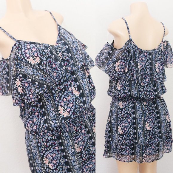 PAIGE 100% Silk Olympia Dark Ink Blue/Bouquet Tiered Ruffle Mini Dress M $298 - Picture 6 of 16